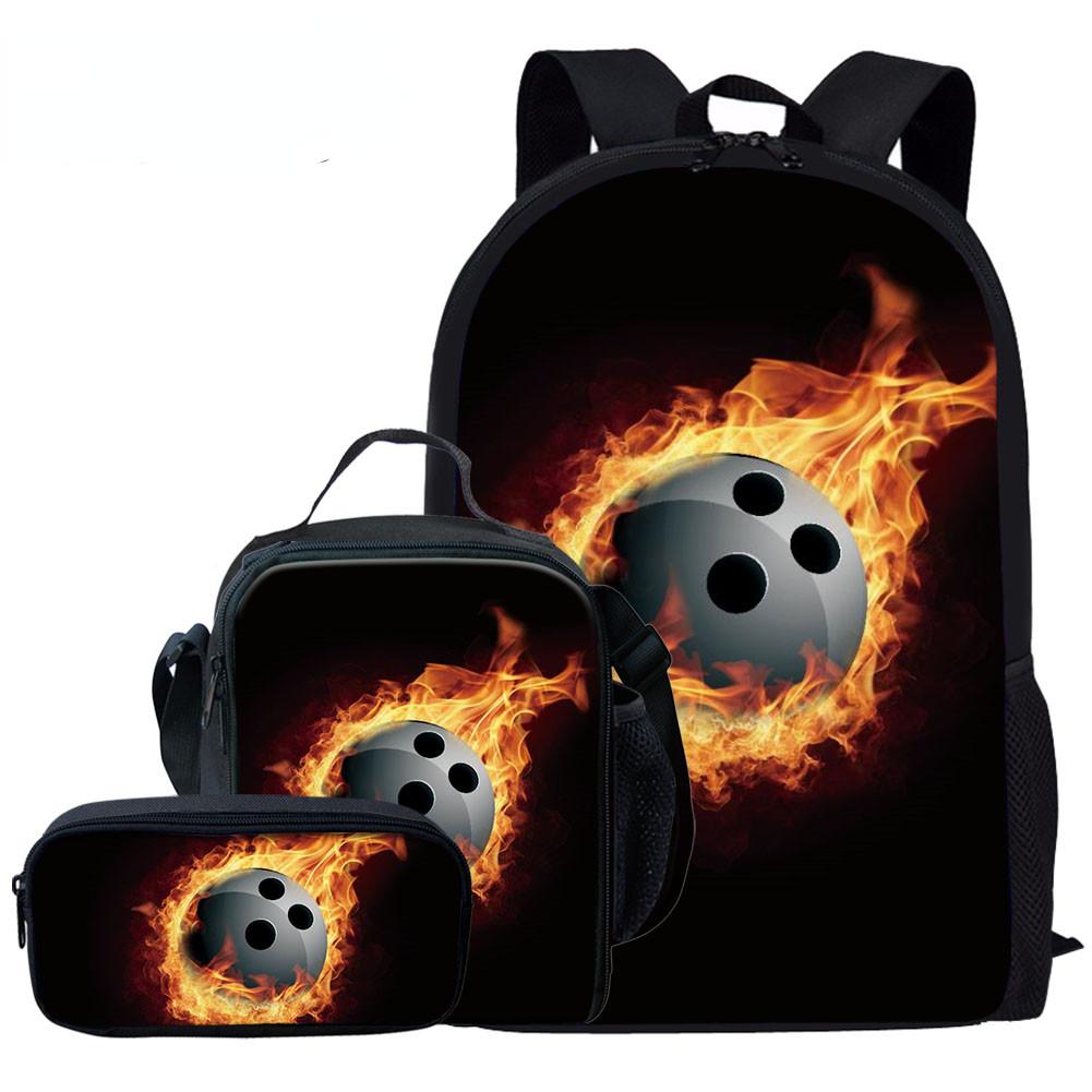 Fashion Novelty Flame Basketball Football 3D Print 3pcs/Set Pupil School Bags Laptop Daypack Backpack Lunch Bag Pencil Case