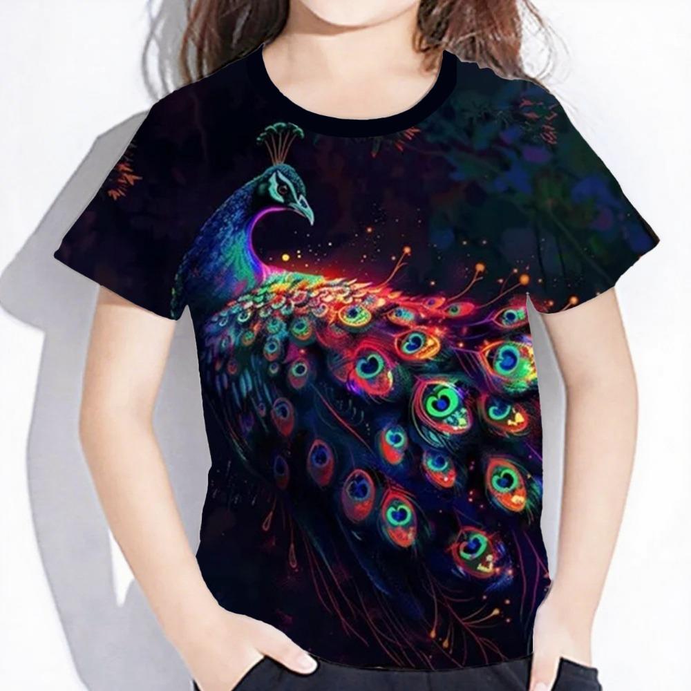 Girls' clothing 3D printed beautiful peacock T-shirt summer children's clothing short sleeved T-shirt casual color top