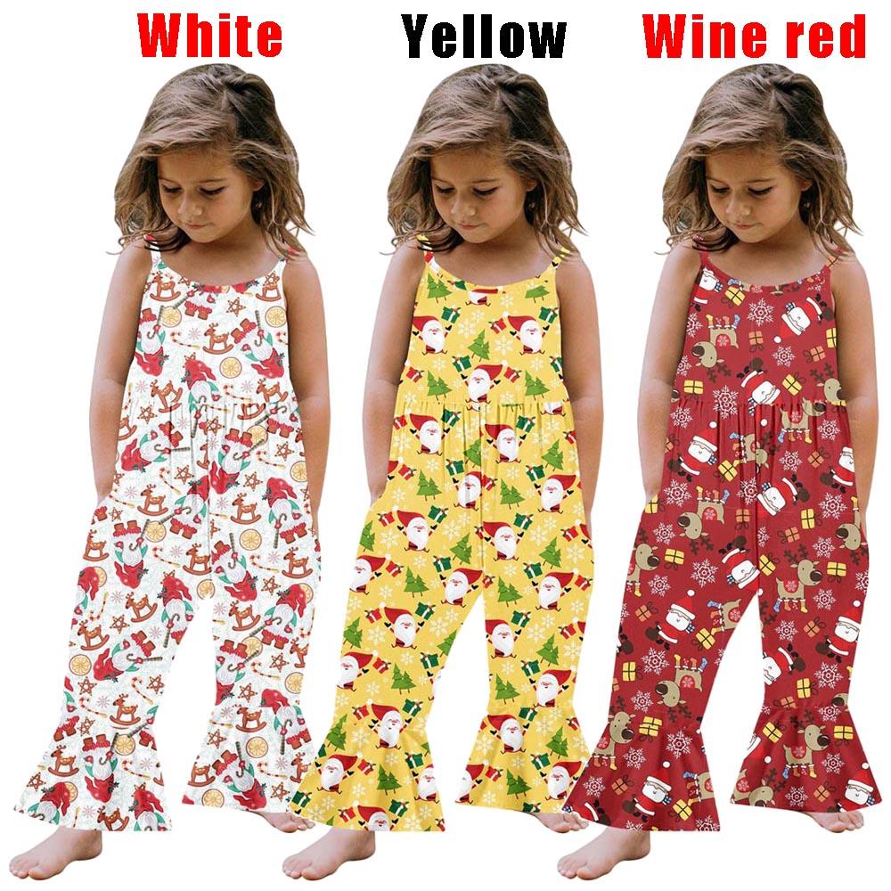 Árvore de Natal Papai Noel Rena Flocos de Neve Padrão Bebê Crianças Alças Espaguete Boca de Sino Macacão Macacão Roupas Infantis para 1-5 Anos