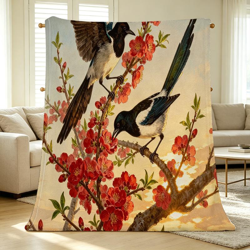 Magpie Floral Print Flannel Fleece Blanket High-Density Plush, Warm & Cozy Throw for Home, Christmas & Halloween