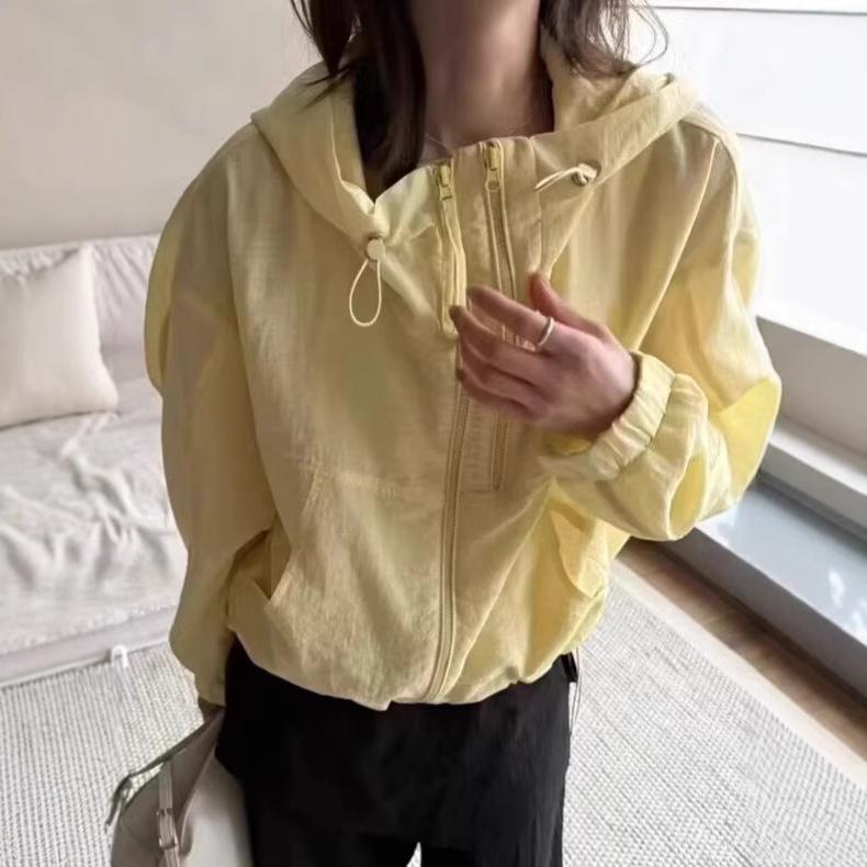 Women's Summer Korean Style Hooded Short Jacket, Versatile and Loose with Double Zipper, Mesh Lining, Sun Protection, Thin.