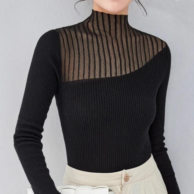 Semi-turtleneck Lace Mesh Splicing Bottoming Shirt Women's Autumn New Slim-fitting Inner Micro-transparent Silk Wool Knitted Sweater