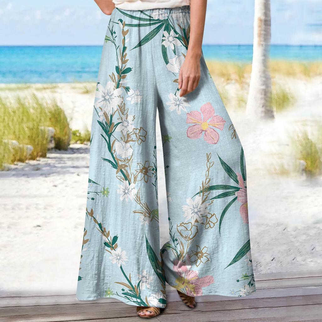 Women's Fashion Loose Print Elastic Waist Pocketless Wide Leg Casual Pants