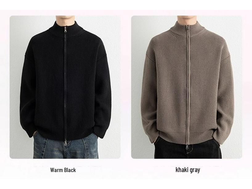 Men's Stand Collar Double Zipper Cardigan Sweater - High-End Lazy Style for Autumn and Winter