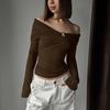 American Spice Girl Design Sense One-word Shoulder Irregular Long-sleeved Tight Top Autumn and Winter Sexy Pure Desire Wind Off-the-shoulder T-shirt