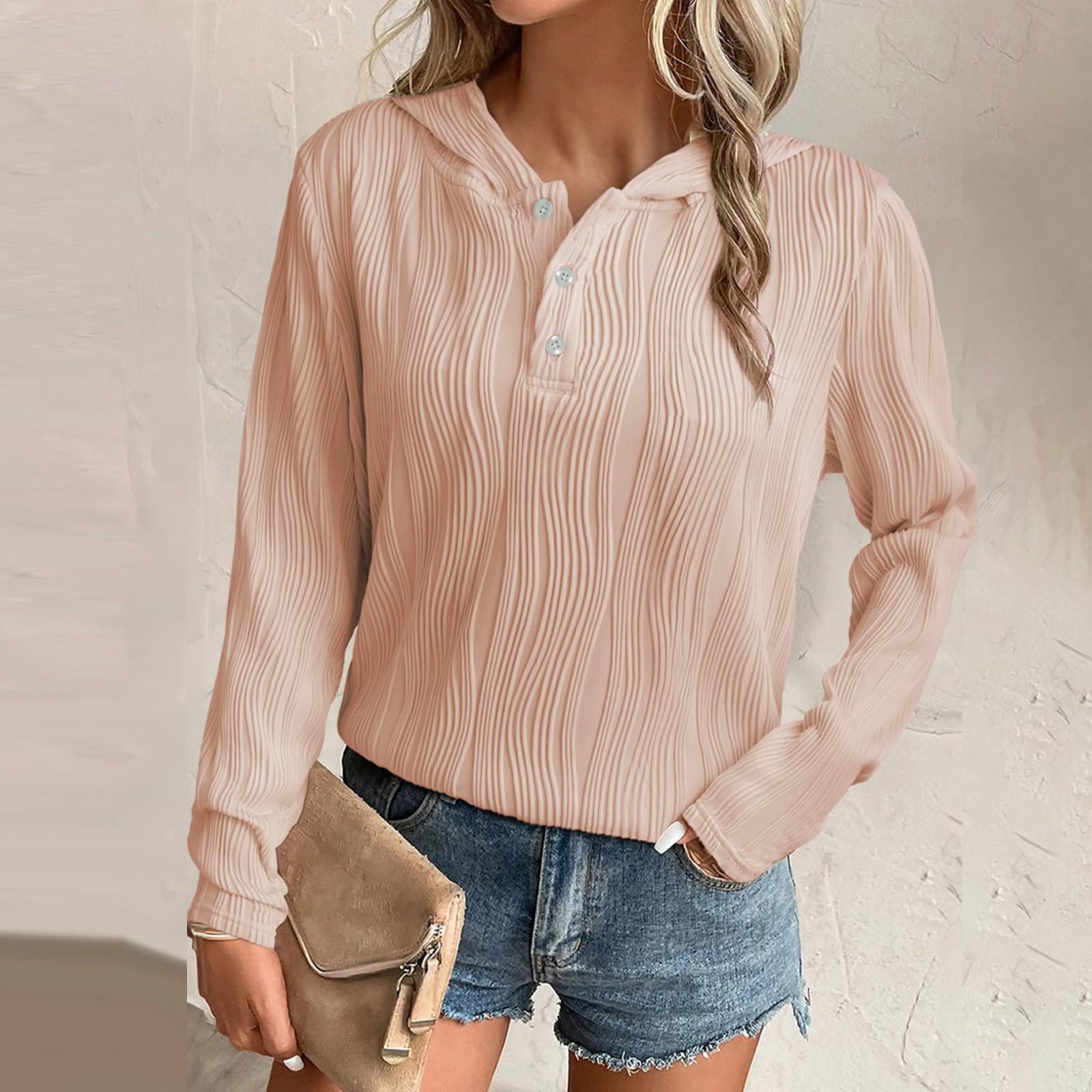 

Женские толстовки с капюшоном, повседневные свободные рубашки с длинным рукавом и v-образным вырезом на пуговицах, топы, пуловеры, осенняя одежда, наряды M розовый