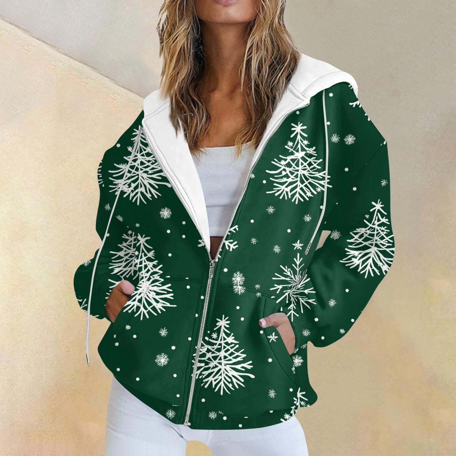 

Женская повседневная рождественская печатная толстовка на осень и зиму с длинными рукавами и карманом на молнии с капюшоном M