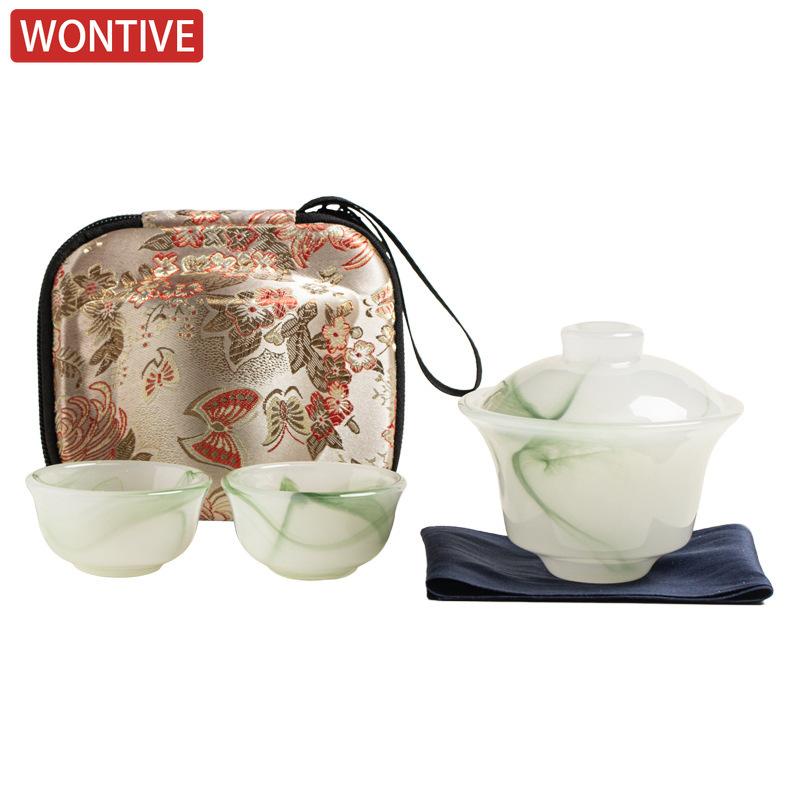 Ink Wash Glass Azure Stone Gaiwan Vintage Three Piece Non Hot Tea Tureen Household Tea Brewing Cover Bowl Drinkware Craft