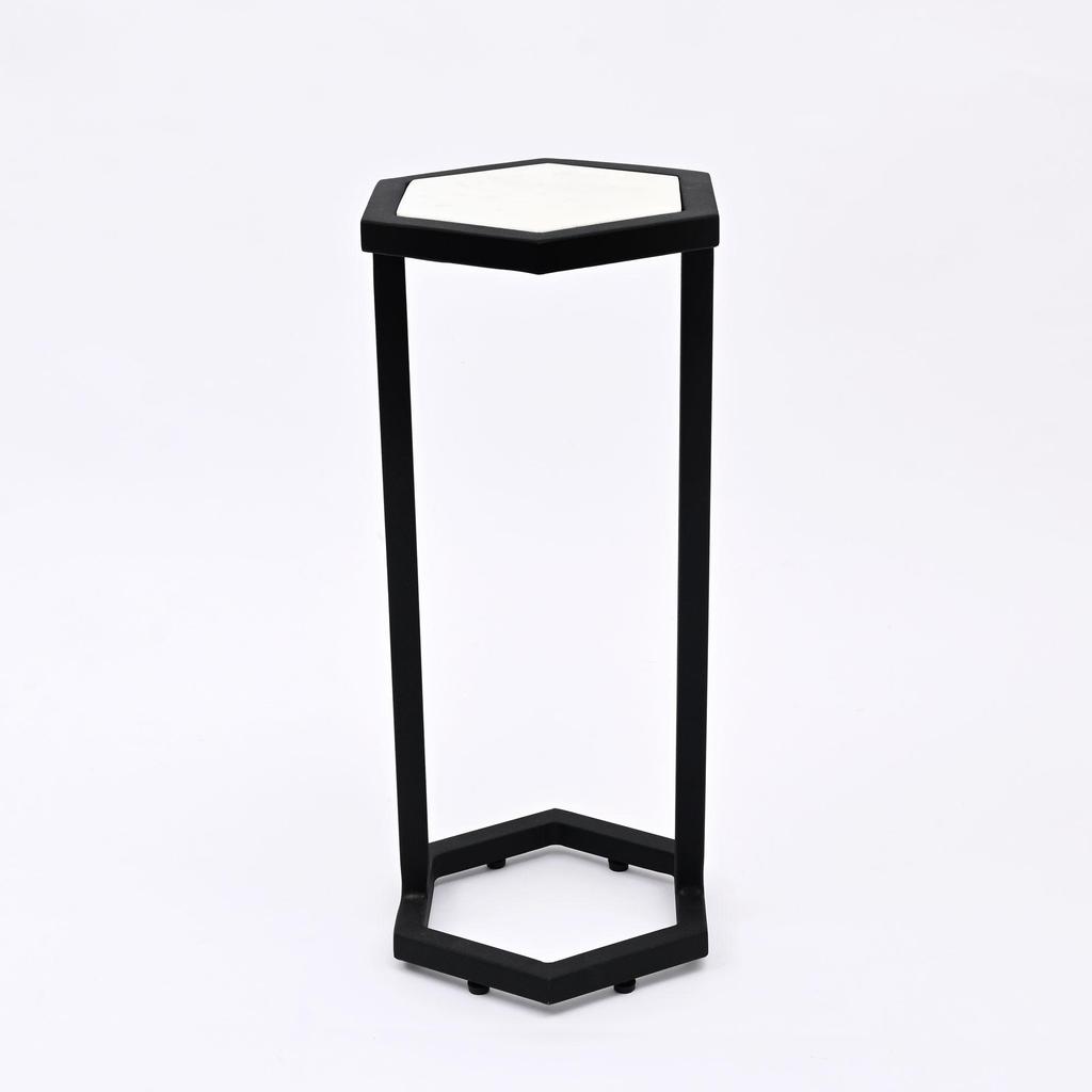 Hexagonal Marble Table Set of 2 – Modern Nesting Accent Tables with Black Metal Base