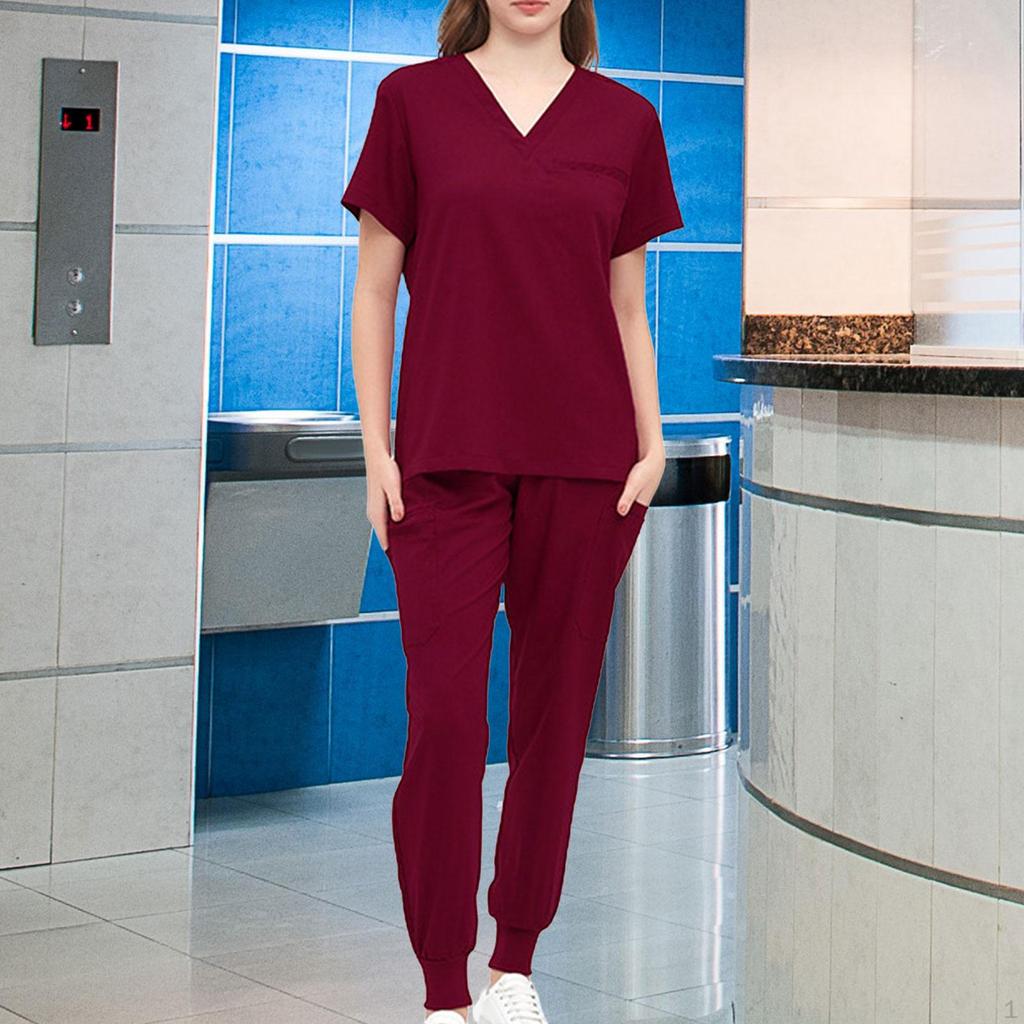 Damen Uniform Kasack Set Pflege Arbeitsanzüge Schwesternoberteil und Hose V-Ausschnitt Kasacks