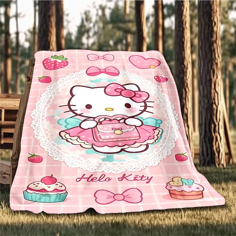 1pc Hello Kitty Outdoor Blanket Lightweight Flannel Throw For Travel, Camping, Livingroom, Couch, Chair Soft