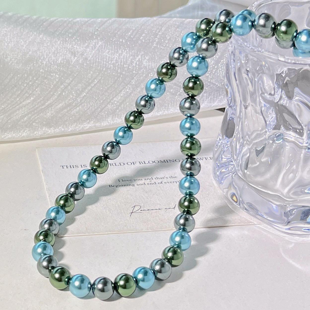 8Mm Autumn And Winter High-Gloss Peacock Blue-Green Artificial Crystal Pearl Design Necklace Collarbone Chain Sweater Chain
