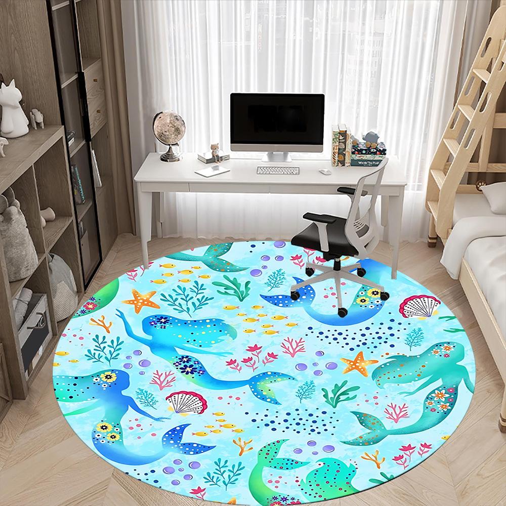 1pc Mermaid OceanChair Carpet for Office, Indoor Non-Slip Washable Polyester Fiber Carpet, Mat For Office, Machine Washable