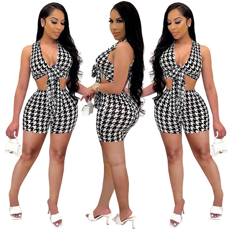 

Европейская и американская летняя мода: Women s Lace Print Two-Piece Casual Suit XL чёрный