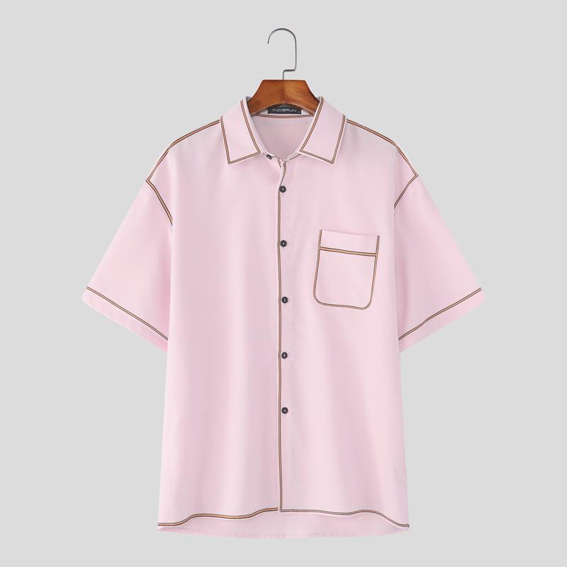 

INCERUN Men Lapel Short Sleeve Stitching Buttons Casual Loose Shirts Tops 5XL розовый