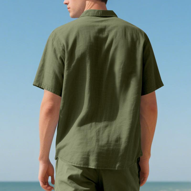 Summer Men's Lapel Shirt Woven Solid Color Simple Loose Casual Short-sleeved Shirt