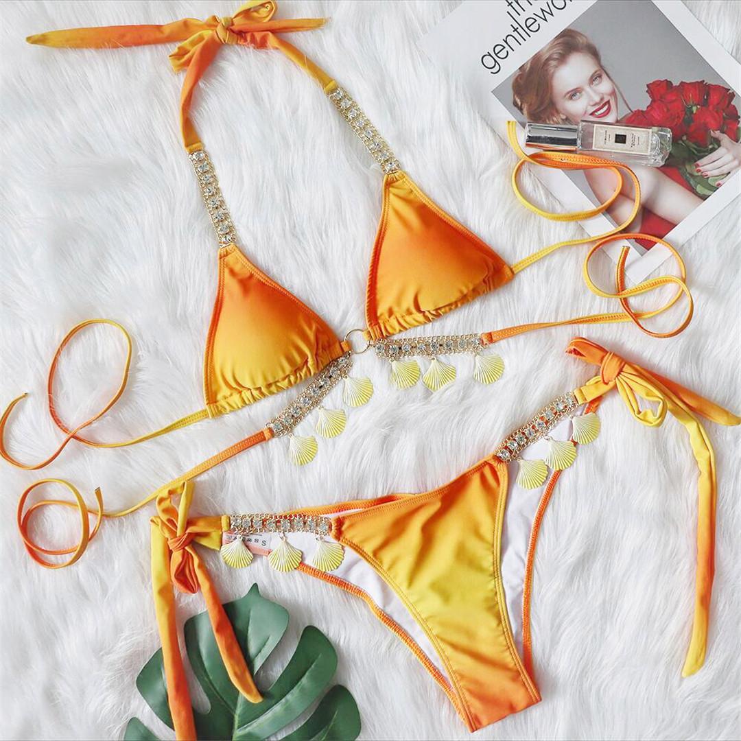 

мода Металлическая ракушка Стразы бикини женский купальник женский купальник из двух частей бикини комплект Scrunch Butt Bather купальный костюм плавание S оранжевый