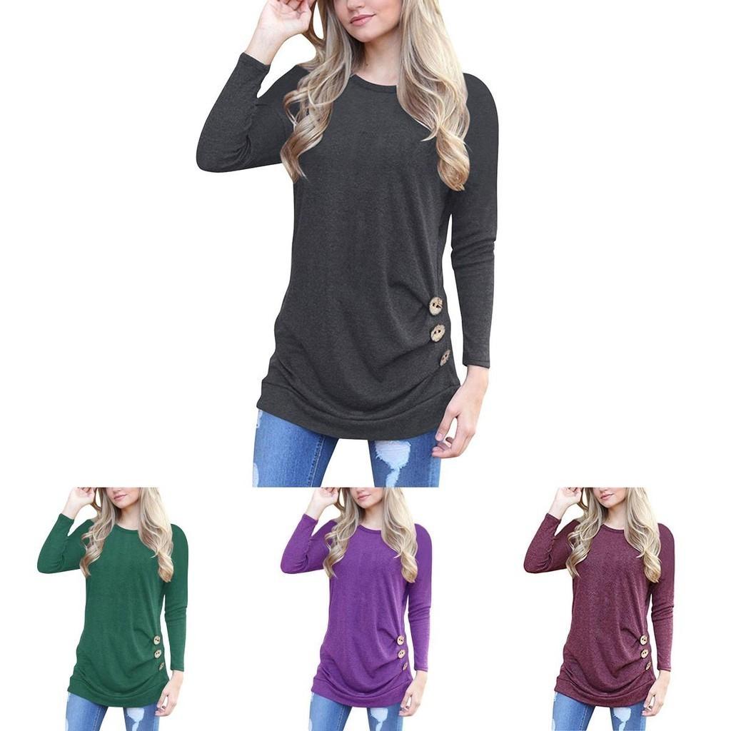 Fashion Women Long Sleeve Casual Blouse Stylish Tunic With Brown Button Accents
