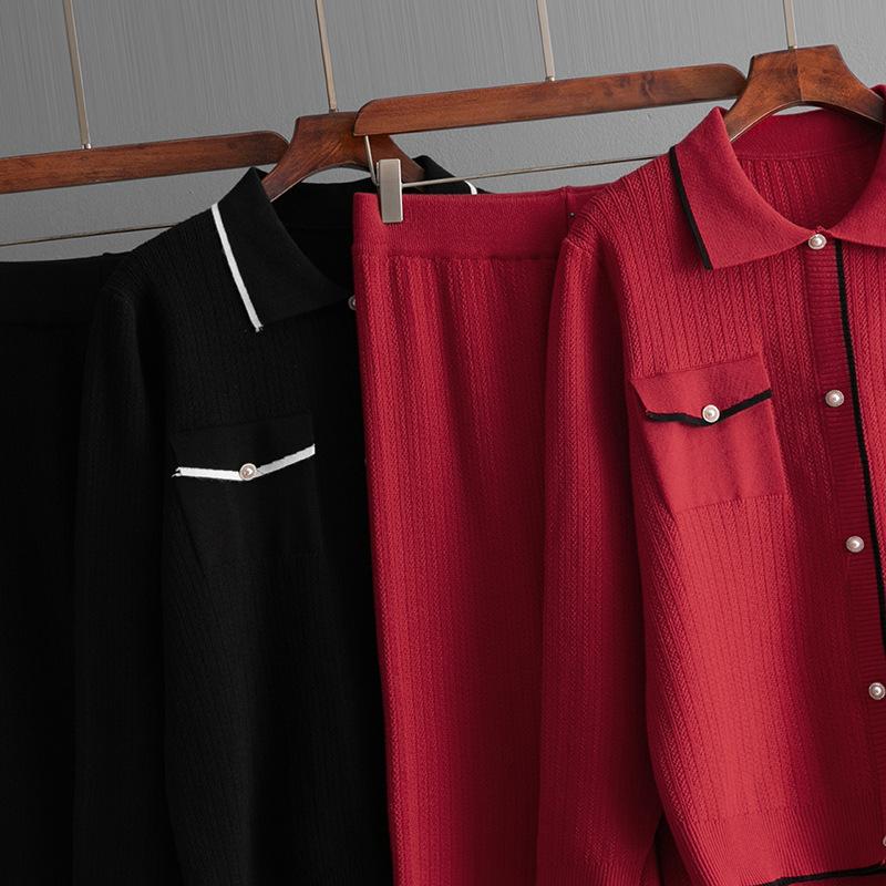 French Style Knitting 2pcs Suits Women Fake Pocket Single Breasted Polo Neck Top+Long Pants Fashion Two Pieces Sets