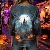 Women Casual Halloween Printed Round Neck Three Quarter Sleeve Linen Blend Top Lightweight Comfortable Autumn Blouse