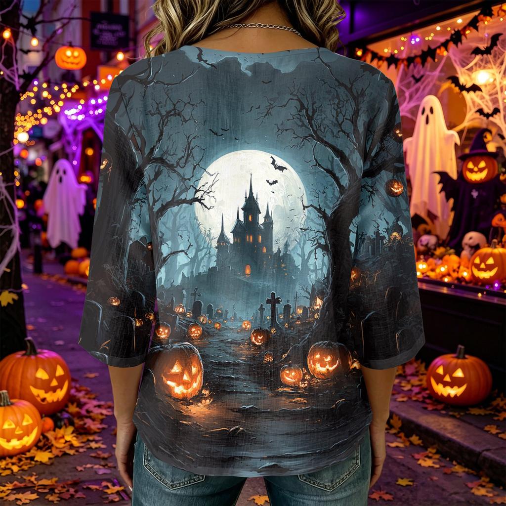 Women Casual Halloween Printed Round Neck Three Quarter Sleeve Linen Blend Top Lightweight Comfortable Autumn Blouse