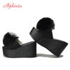 Fashion Aphixta  Hairball 3.54 Inch/9cm Wedge Heels Mule Black Slides Beach Platform Women Slippers Female Sandals Clog Shoes Women
