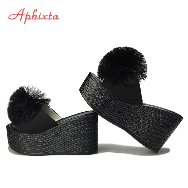 Fashion Aphixta  Hairball 3.54 Inch/9cm Wedge Heels Mule Black Slides Beach Platform Women Slippers Female Sandals Clog Shoes Women