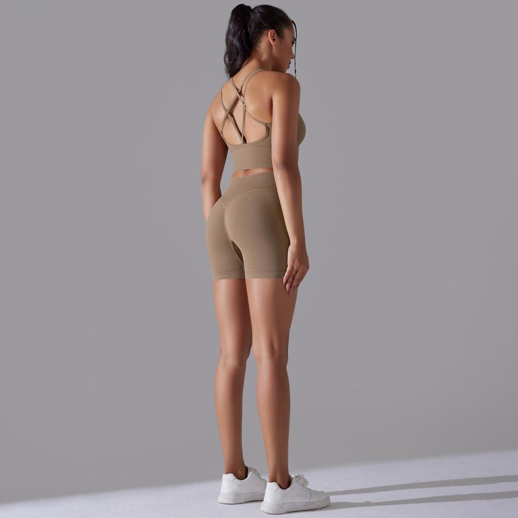 Seamless Knitted Solid Color Back High Elasticity Sports Tight Yoga Suit Set Running Fitness Two Piece Set