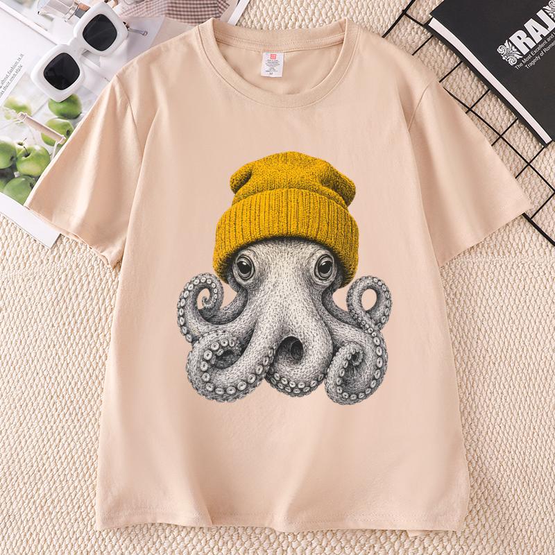 Cute Octopus Beanie T Shirt Ocean Animal TShirt Vintage Octopus Tees Casual Round Neck Printed Cotton Short Sleeve Tshirts