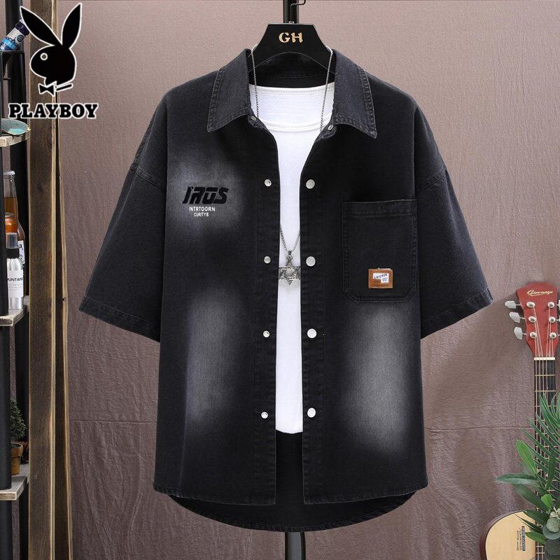 Playboy Men s Short-Sleeve Distressed Denim Shirt M