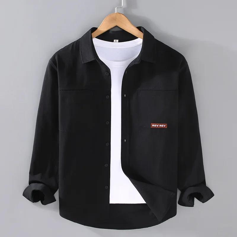 Spring Fall New Men's Shirts Japanese Vintage Cargo Shirt Men Long Sleeve Casual 100%Cotton Double Pocket Shirt Simple White Top