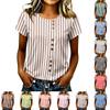 Women's Casual Round Neck Short Sleeve T Shirt Vertical Stripe Print Button Front Lightweight Top for Everyday Wear