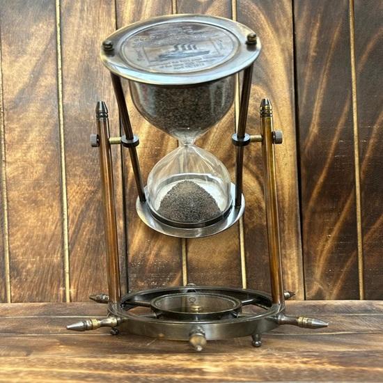 17.78 Cm Solid Brass Hourglass Sand Timer With Compass Decorative Sand Timer Clock For Wedding Gift, Anniversary Gift, Birthday Gift For Him