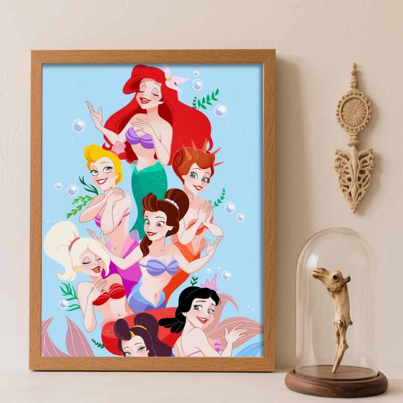 Disney Diamond Art Painting Kit Ariel Mermaid Group Diamond Mosaic Pictures, Wall Art Crafts, Home Decor Round 20x30cm