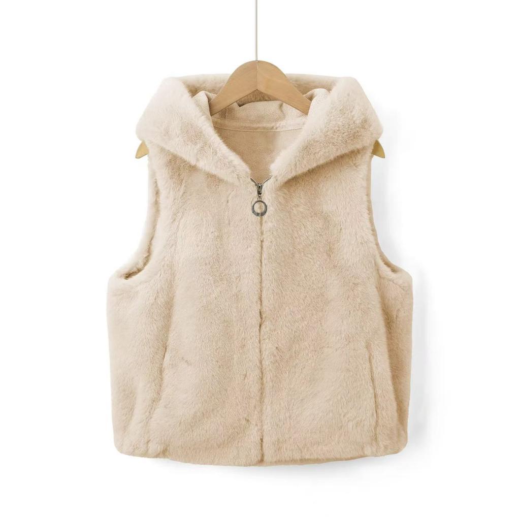European Beautiful Women's Autumn and Winter Imitation Fur Jacket Fur Integrated Hooded Vest Loose Foreign Trade Loose Casual Vest