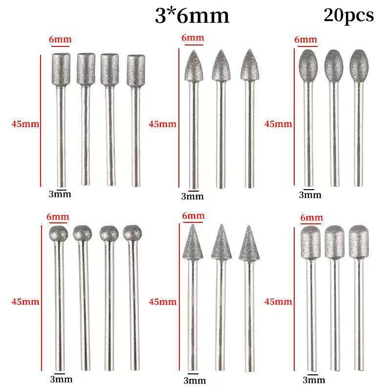 20 Pcs Accessories Diamond Grinding Heads Mini Drill Burrs Bit Set 3Mm Shank Grinding Head Forjade And Stone
