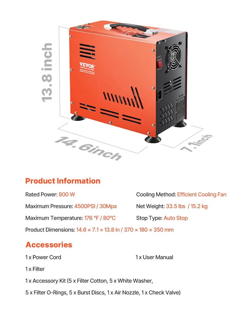VEVOR PCP Air Compressor, 800W Dual-Cylinder PCP Airgun Compressor 4500PSI/30Mpa with Built-in Fan Cooling System