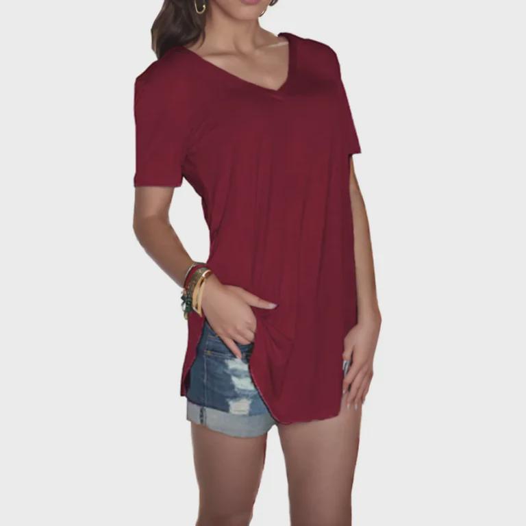 Women’s Summer Solid Color Loose V-Neck T-Shirt, Short-Sleeved, 5XL Large Size.