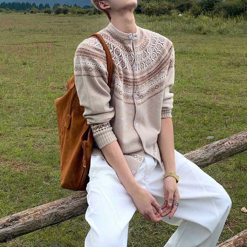 

Autumn Winter Vintage Fair Isle Sweaters American Spliced Folk Men s Clothing Casual Round Neck Button Loose Knitted Cardigan XXXL хакі