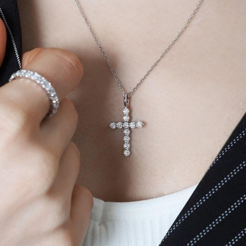 Ozel Silver925 Moissanite Cross Long Necklace PS174N