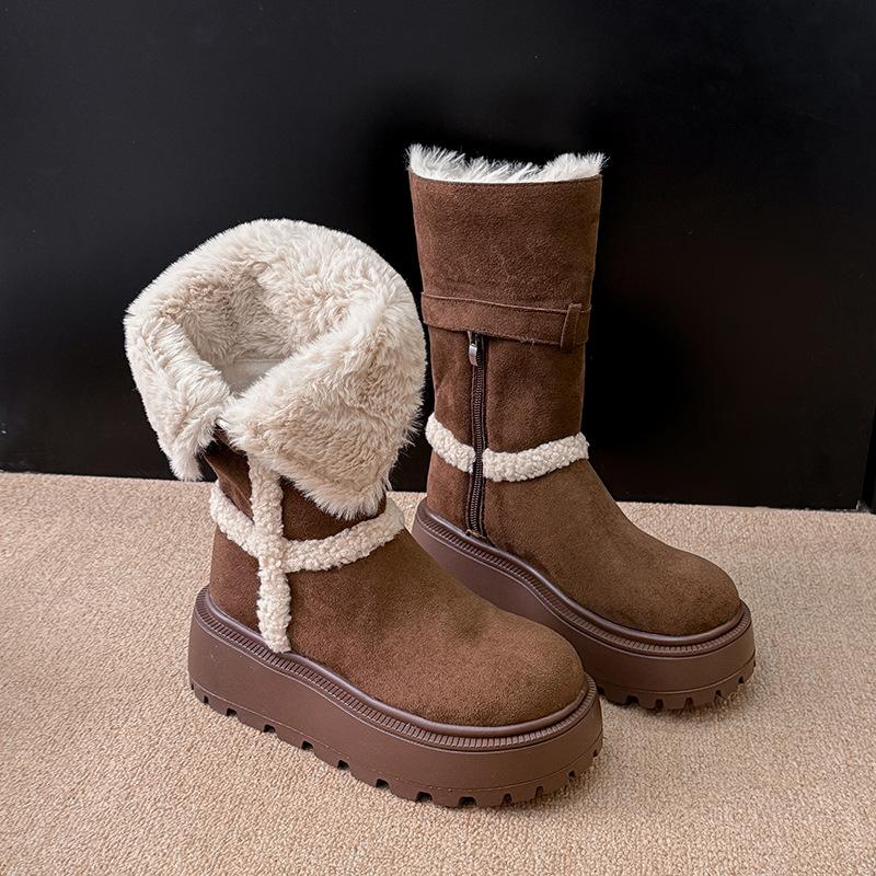 [Fanfna] Thick-soled velvet thickened medium-tube snow boots women's 2025 new retro fashion versatile medium-tube boots