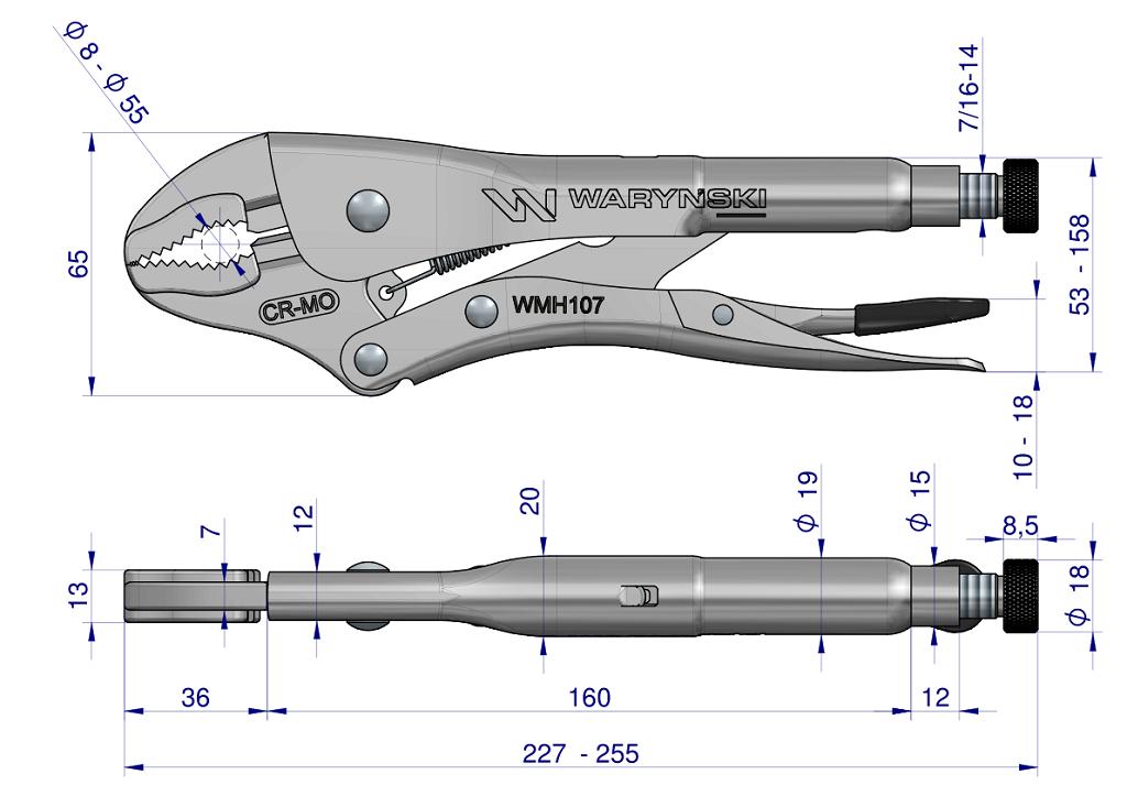 CrMo steel 10" locking pliers (Morse) with curved jaws Waryński