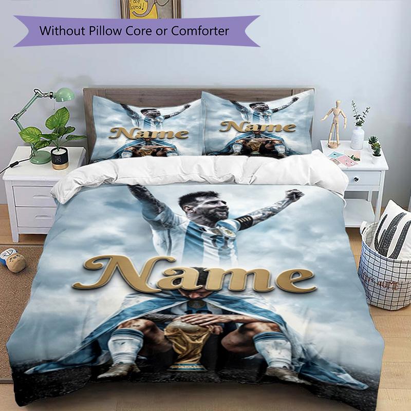 Messi Football World Cup Champion Personalized Name Bedding Set,Smooth Bed Linen for Bedroom Decor,Perfect Souvenir Gift for Soccer Lovers,Microfiber