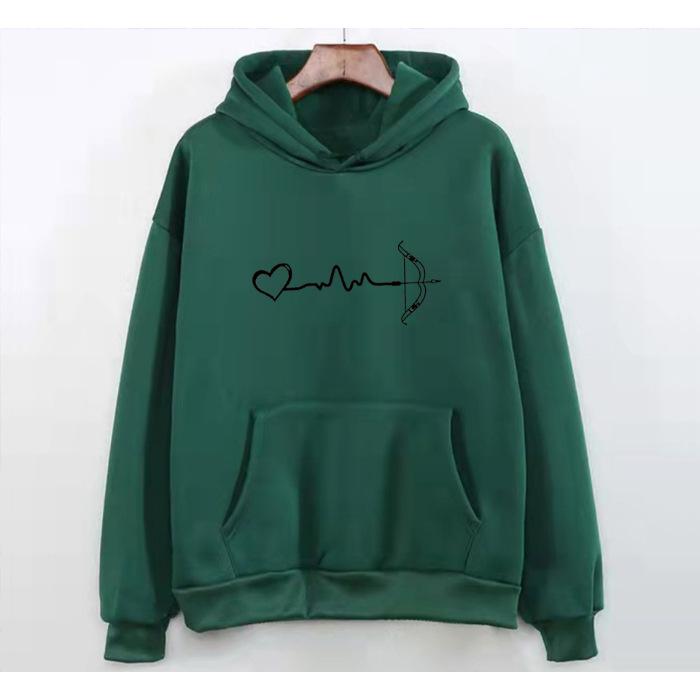 Korean Style Velvet EKG Print Casual Hoodie, Unisex Long Sleeve Pullover for Autumn/Winter