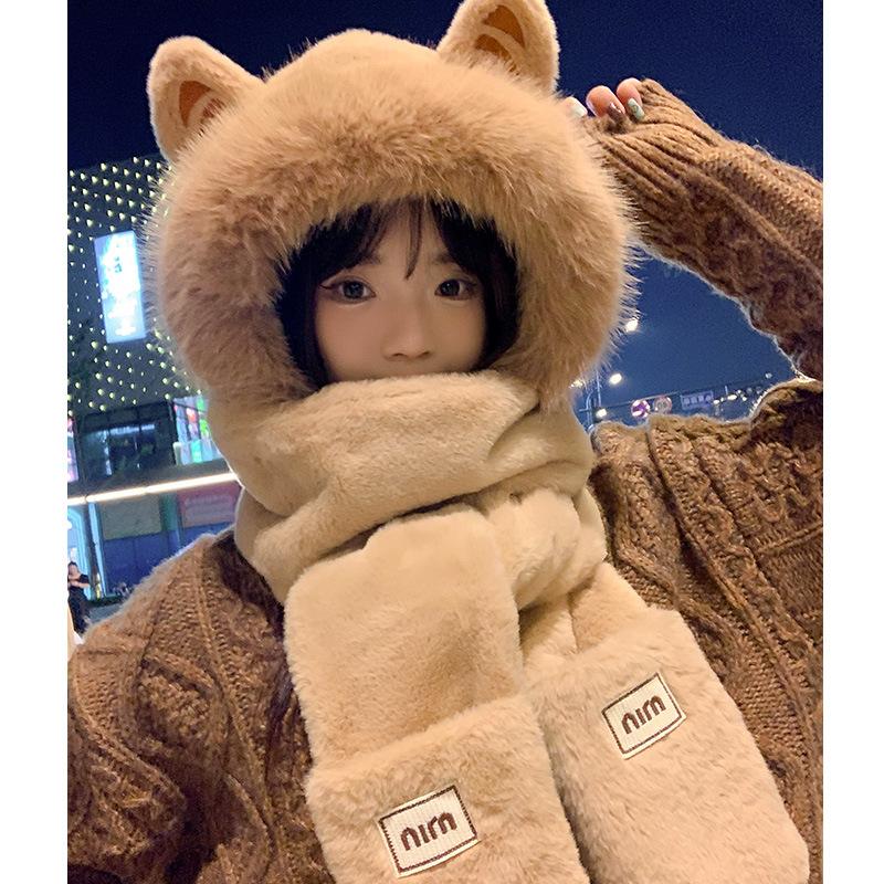 

Hat women s winter scarf integrated plush scarf gloves mask three-piece set cute cycling cold protection ear protection One size