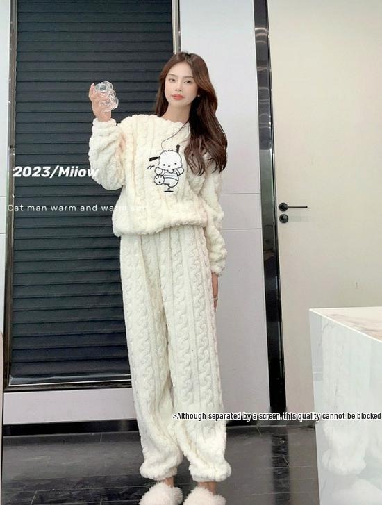 2025 Herbst/Winter Damen Verdicktes Korallenfleece Flanell Pyjama Set mit langem Cardigan, Übergröße, Warme Homewear.