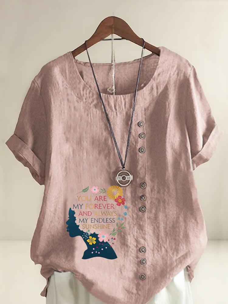 

Women s Fashion Floral Alphabet Print Round Neck Short Sleeve T-shirt Summer Casual Cotton Linen Graphic Shirt Leisure Loose Blouse Tops S розовый