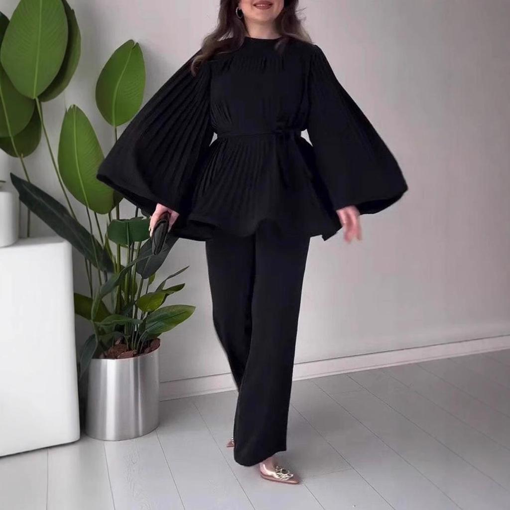 2024 Solid Color Pleated Ruffle Hem Loose Casual Long Pants Set