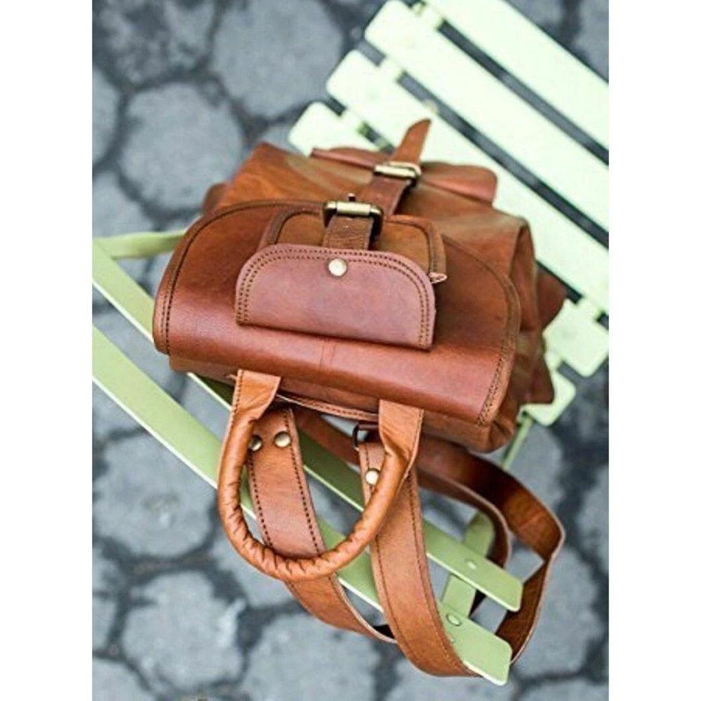 Leather Bag Goat Vintage Backpack Laptop Rucksack Genuine Travel Brown Men's New