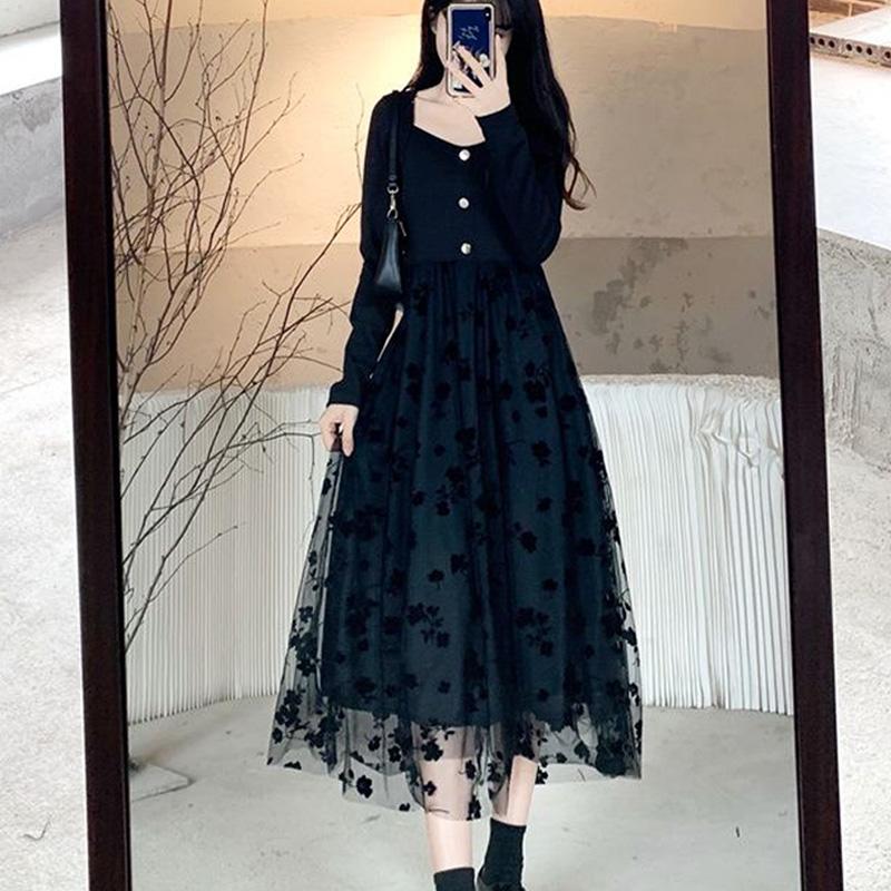 

весна осень Сетчатая вставка черное облегающее платье корейское элегантное с квадратным вырезом длинный рукав свободное женские платья Женская вечеринка vestidos XXXL